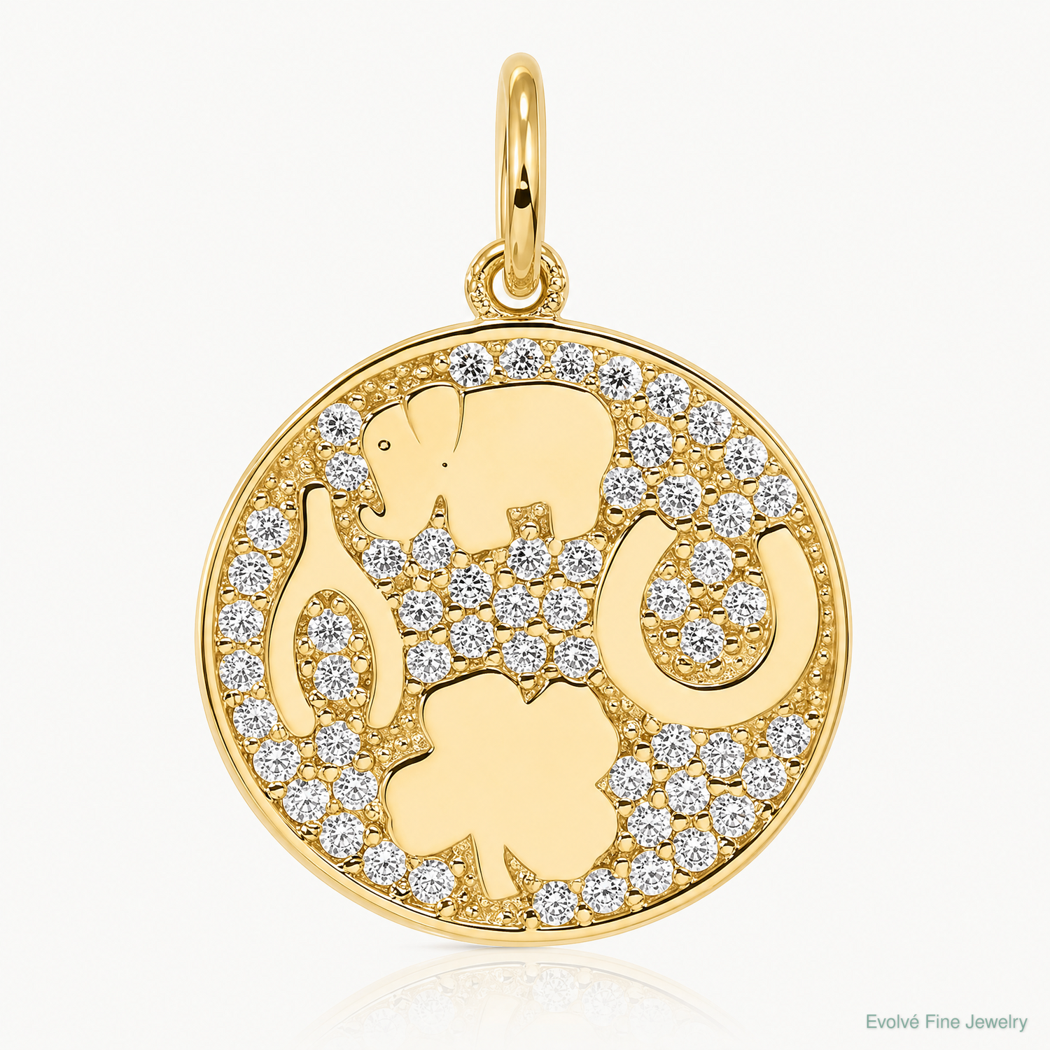 10K Polished CZ Good Luck Medallion Charm - Lifestyle View