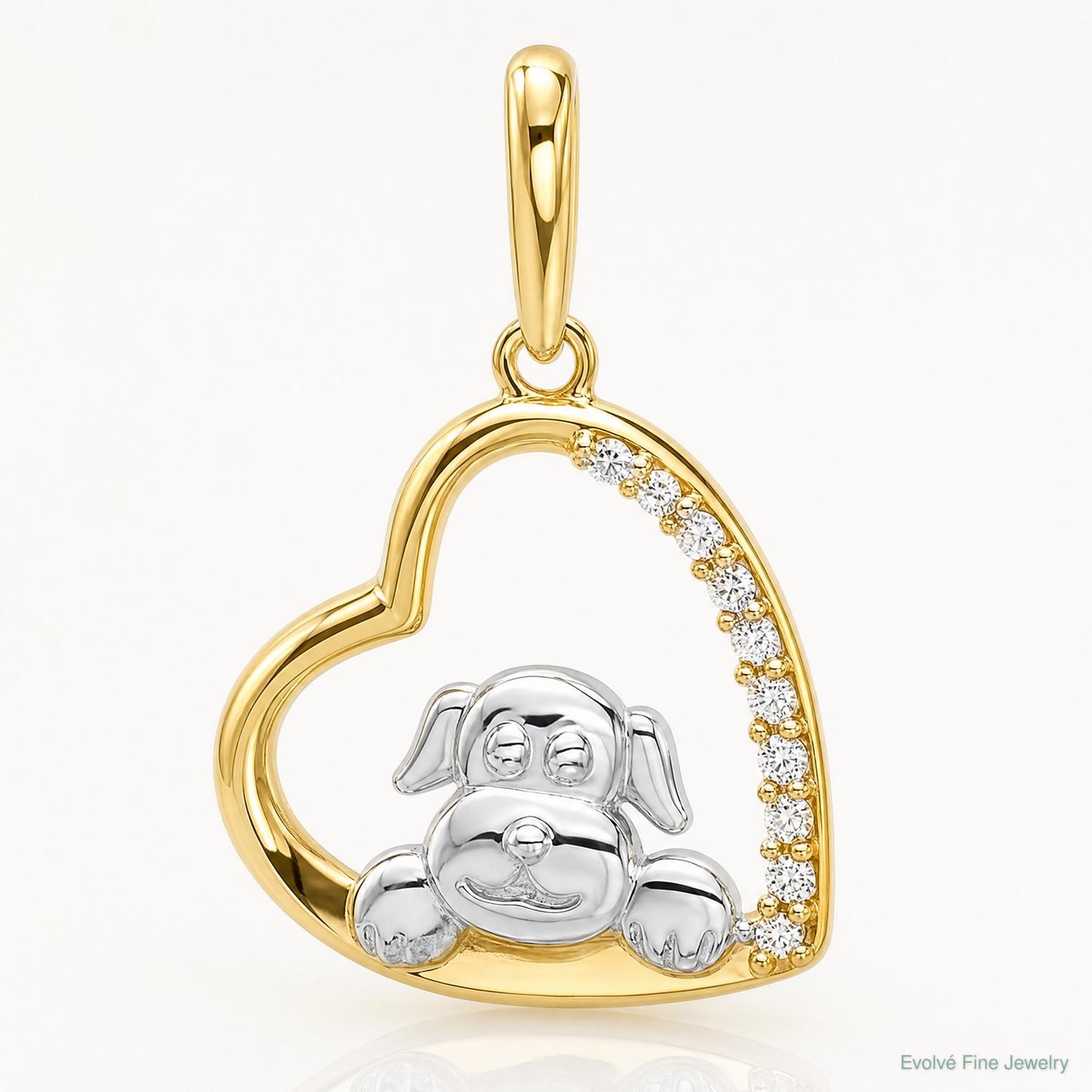 10K and White Rhodium CZ Dog In Heart Charm - Lifestyle View
