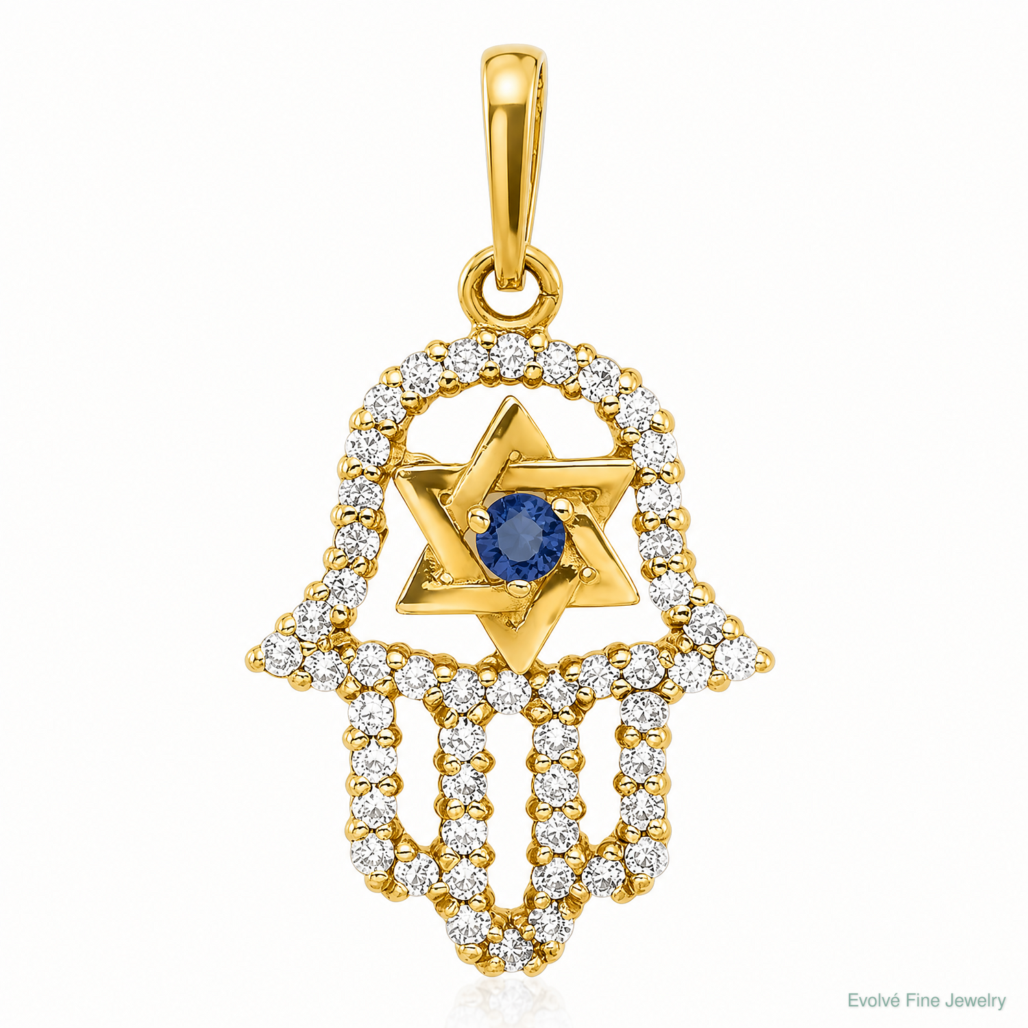10K Polished CZ Evil Eye Hamsa Charm - Lifestyle View