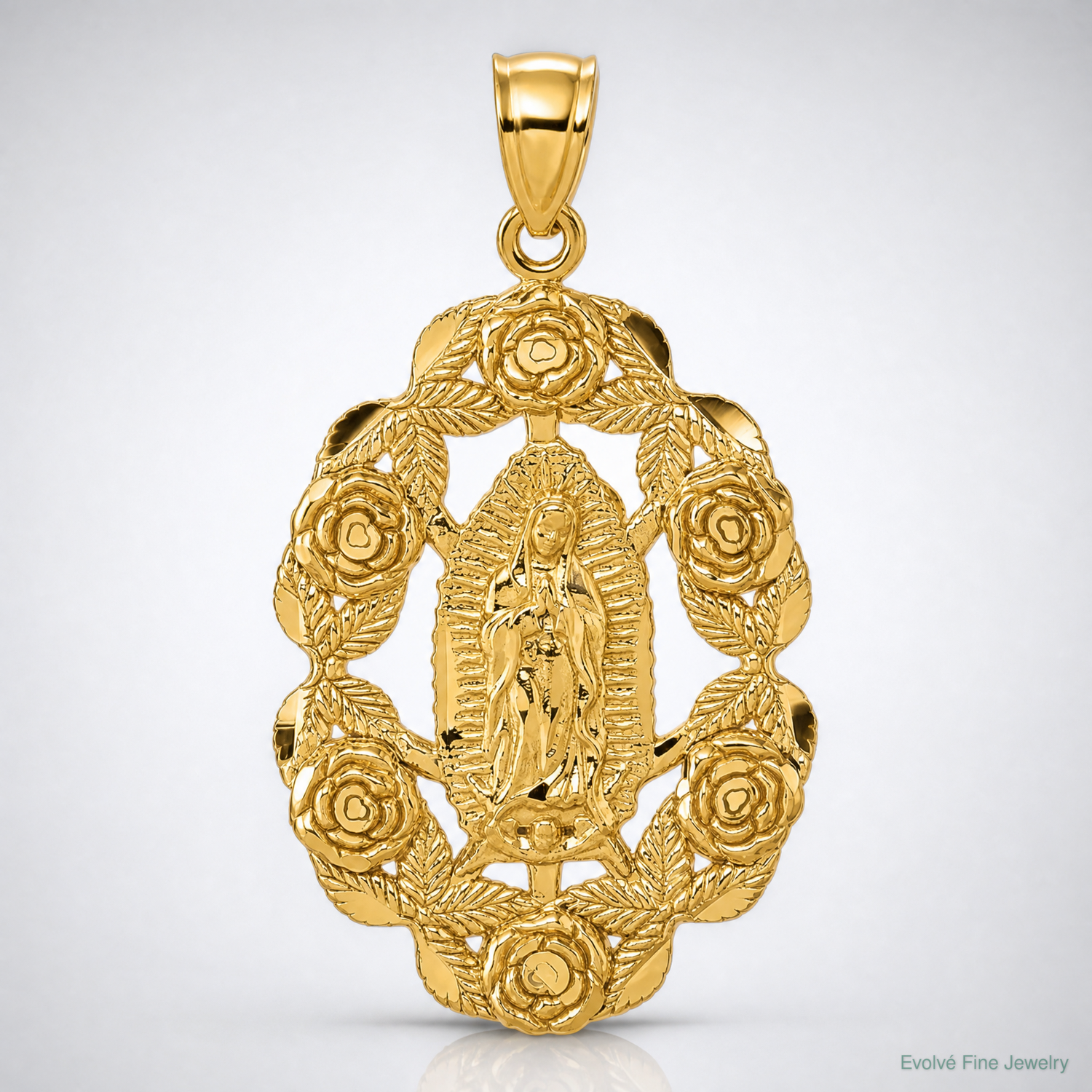 10k Polished Diamond-cut Our Lady of Guadalupe w/Flowers Pendant - Lifestyle View