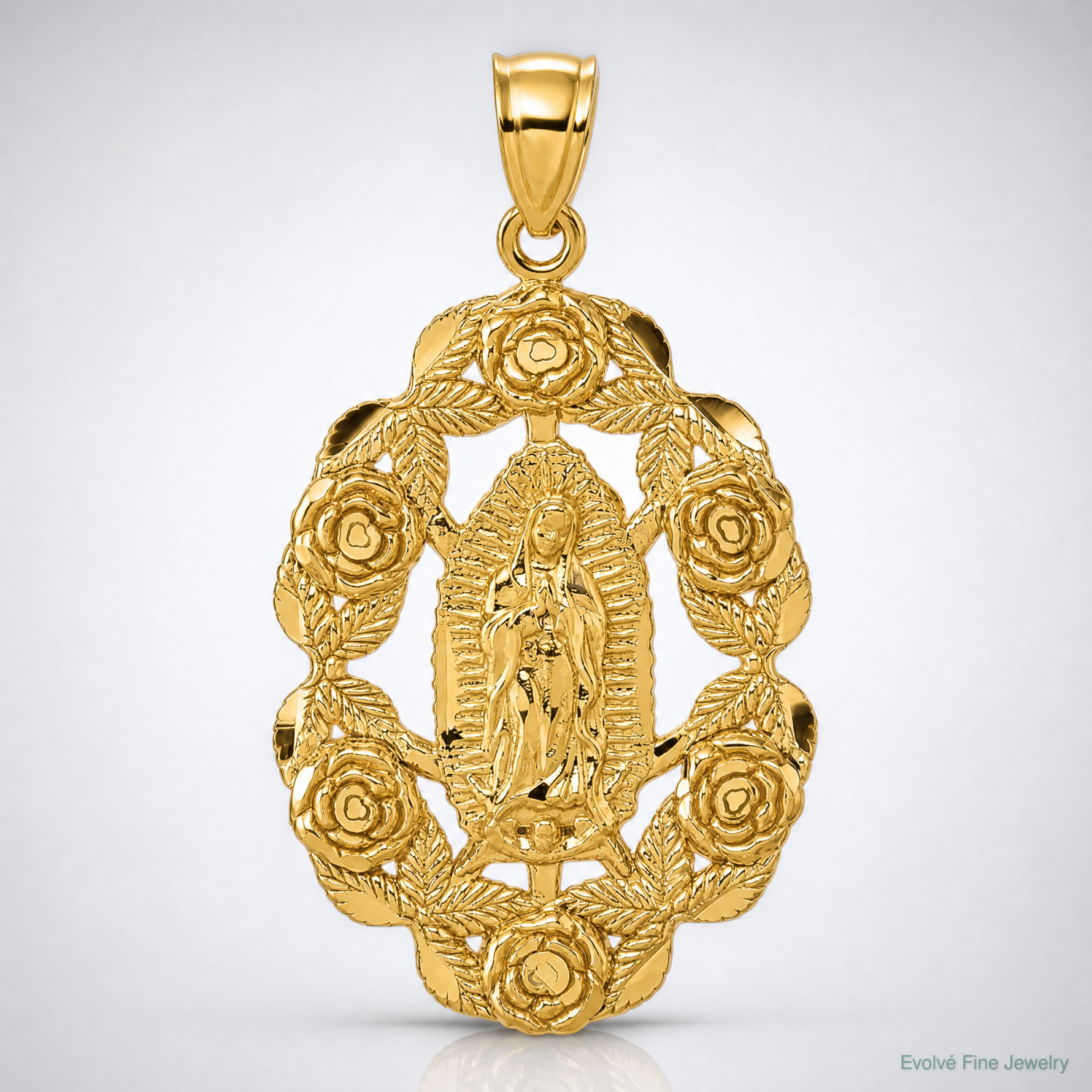 10k Polished Diamond-cut Our Lady of Guadalupe w/Flowers Pendant - Lifestyle View