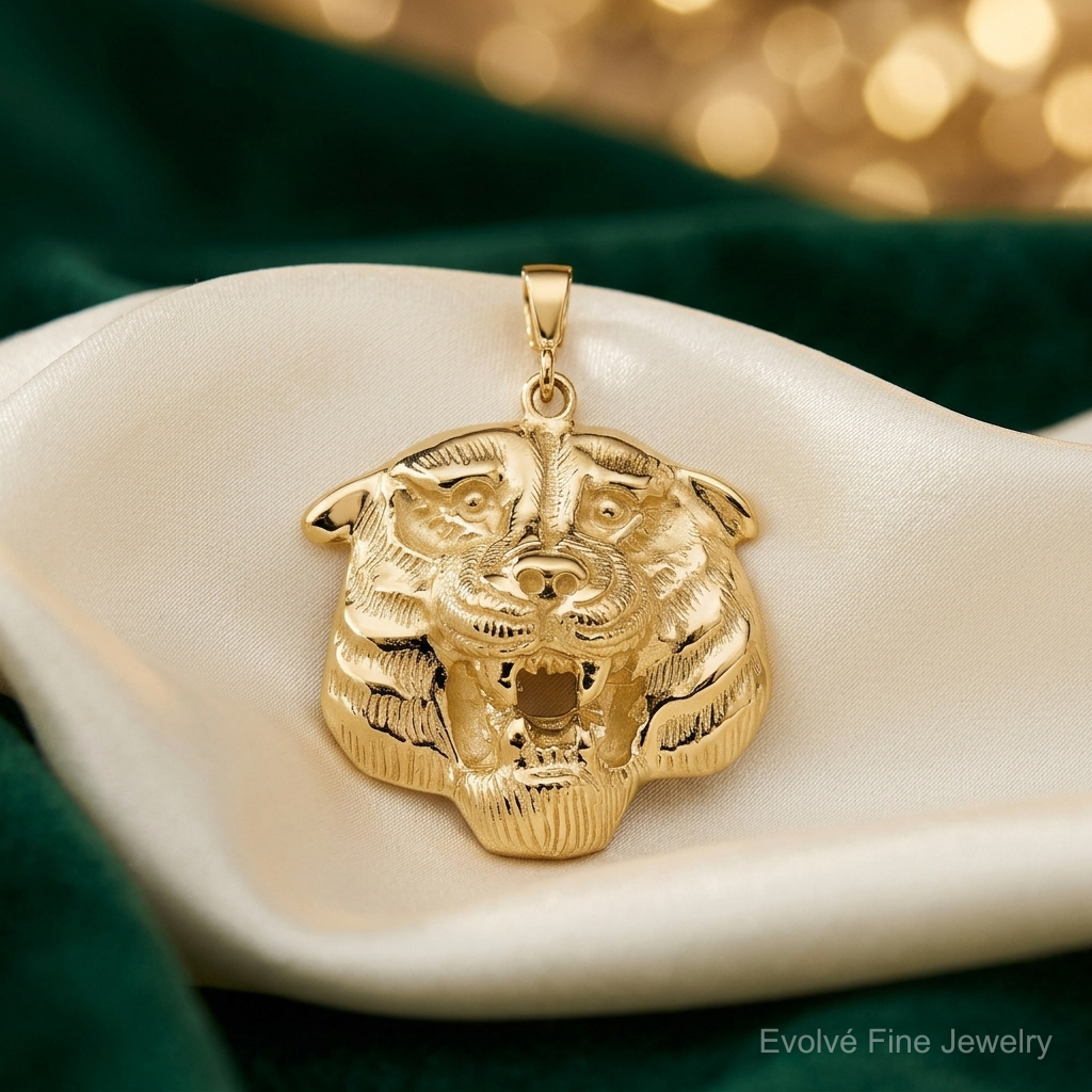 10K Solid Polished Tiger Head Charm - Lifestyle View