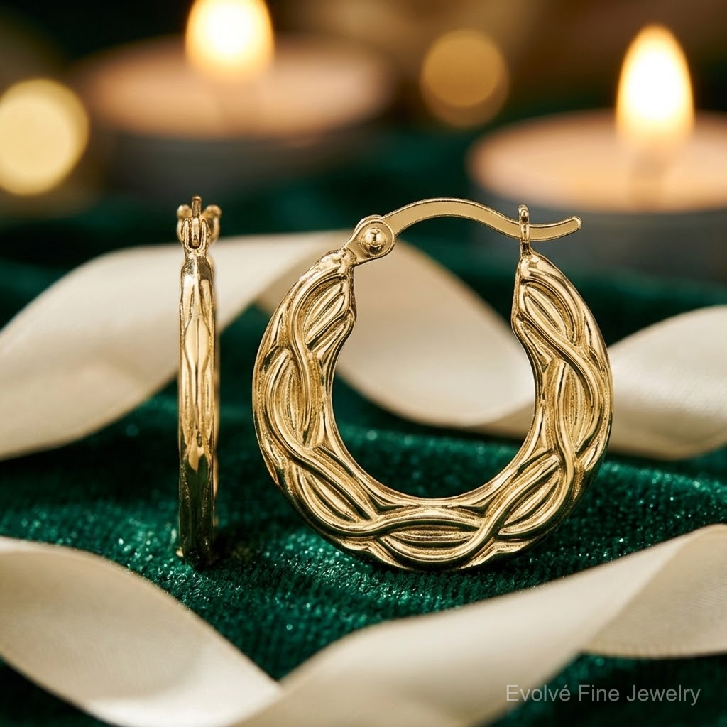 10k Patterned Hollow Hoop Earrings - Lifestyle View