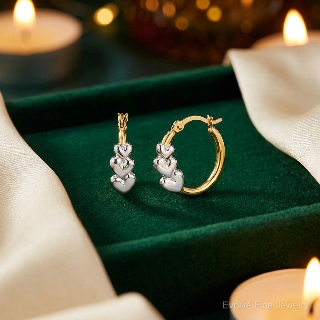 10K and Rhodium and Hearts Hollow Hoop Earrings - Lifestyle View