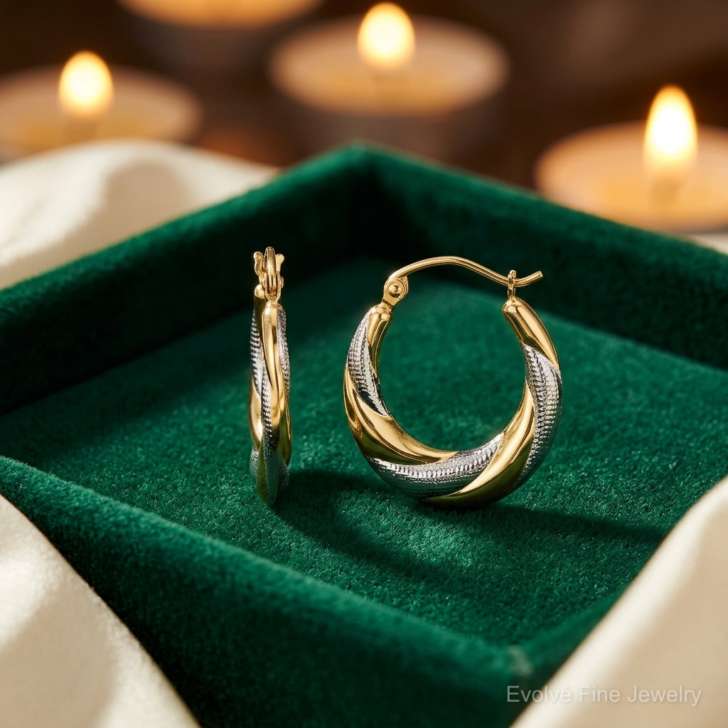 10K & Rhodium Twist Hollow Hoop Earrings - Lifestyle View
