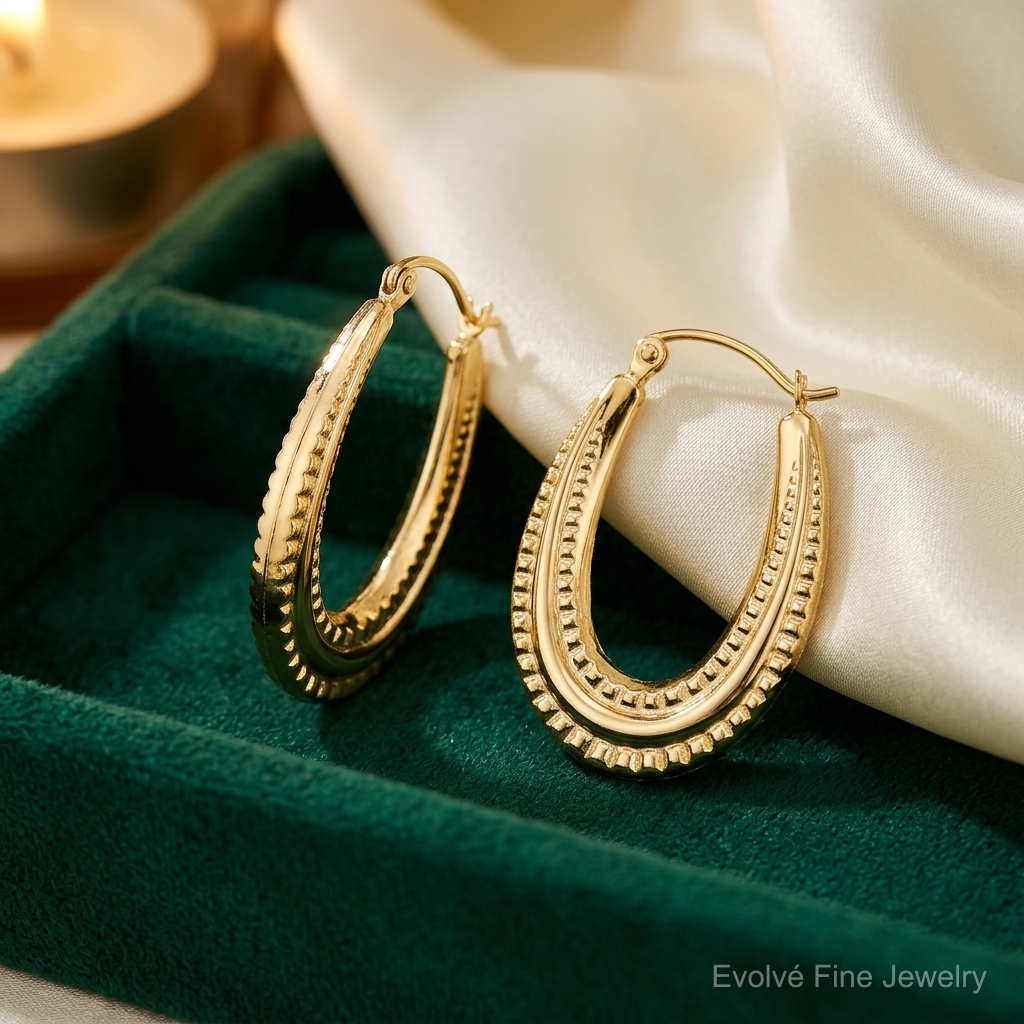 10K Textured Oval Hollow Hoop Earrings - Lifestyle View