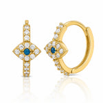 10K Polished Clear & Blue CZ Evil Eye Hinged Hoop Earrings - Lifestyle View