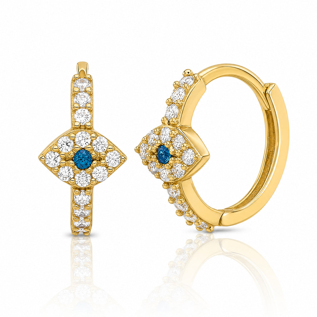10K Polished Clear & Blue CZ Evil Eye Hinged Hoop Earrings - Lifestyle View