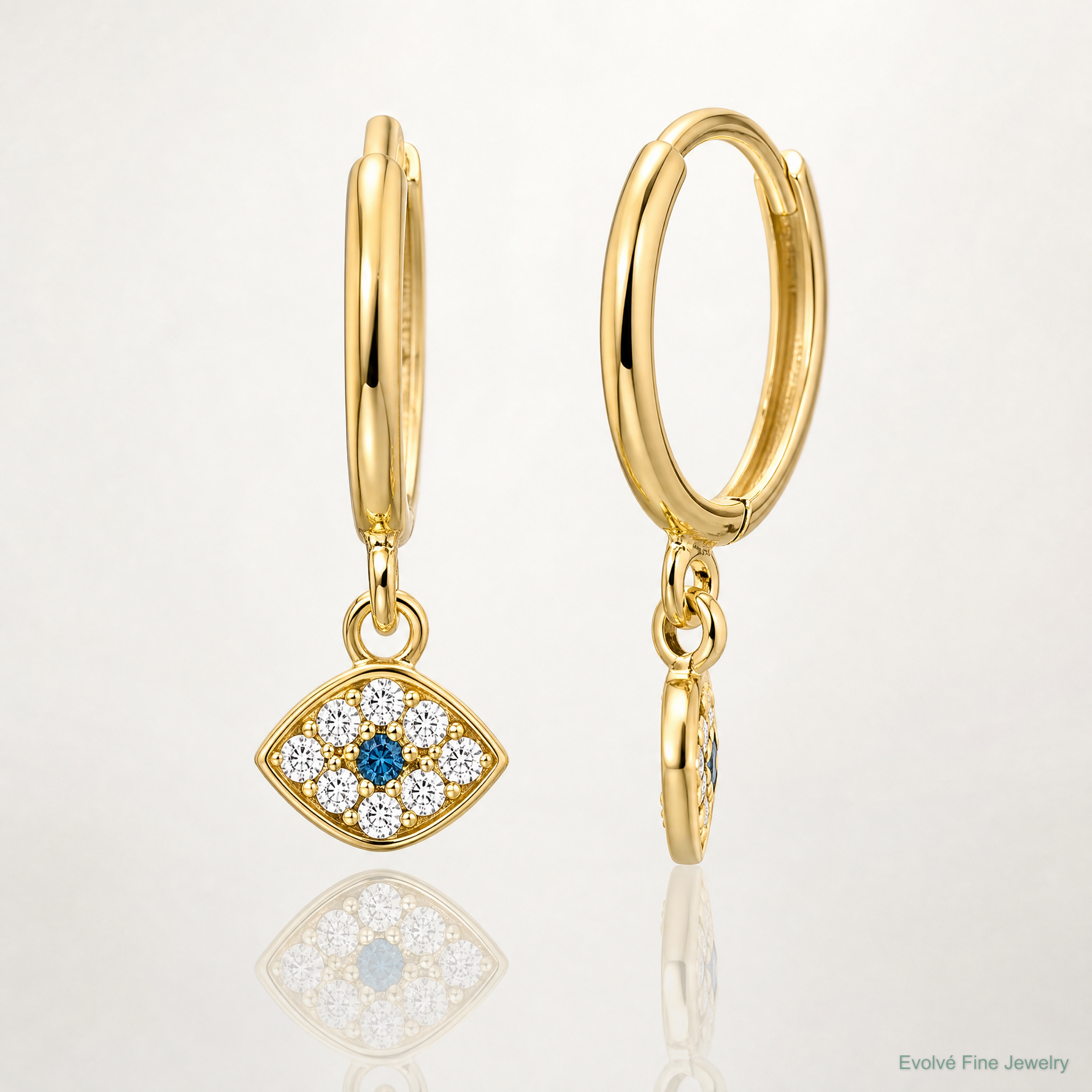 10K Polished Clear & Blue CZ Dangle Evil Eye Hinged Hoop Earrings - Lifestyle View