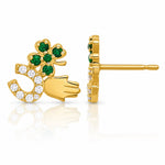 10K Polished Green & Clear CZ Good Luck Post Earrings - Lifestyle View