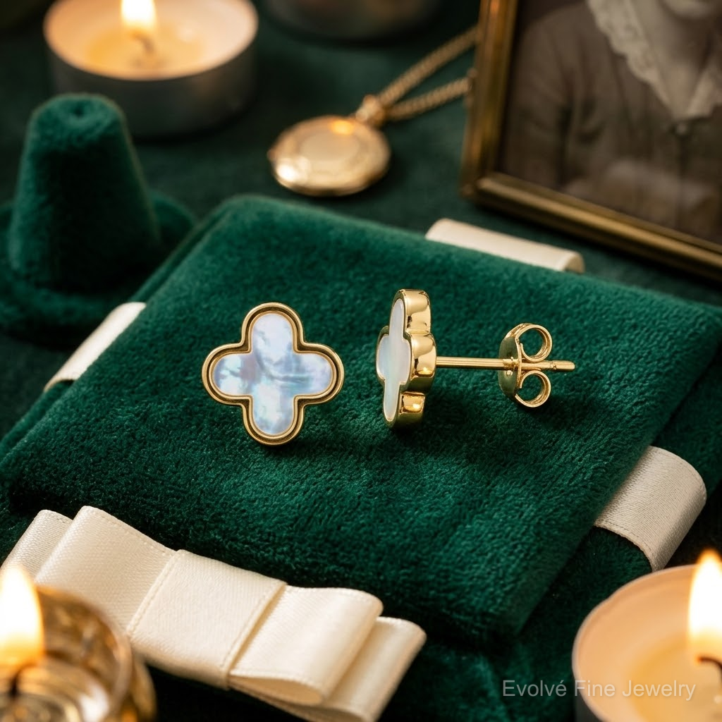 10k Polished Mother of Pearl Clover Post Earrings - Lifestyle View