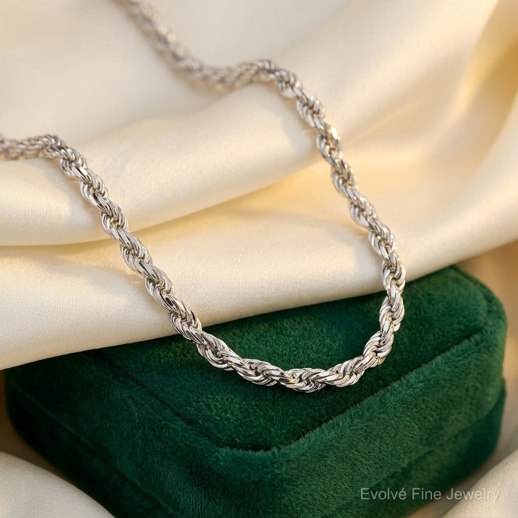10k White Gold 3mm Diamond-cut Rope Chain - Lifestyle View