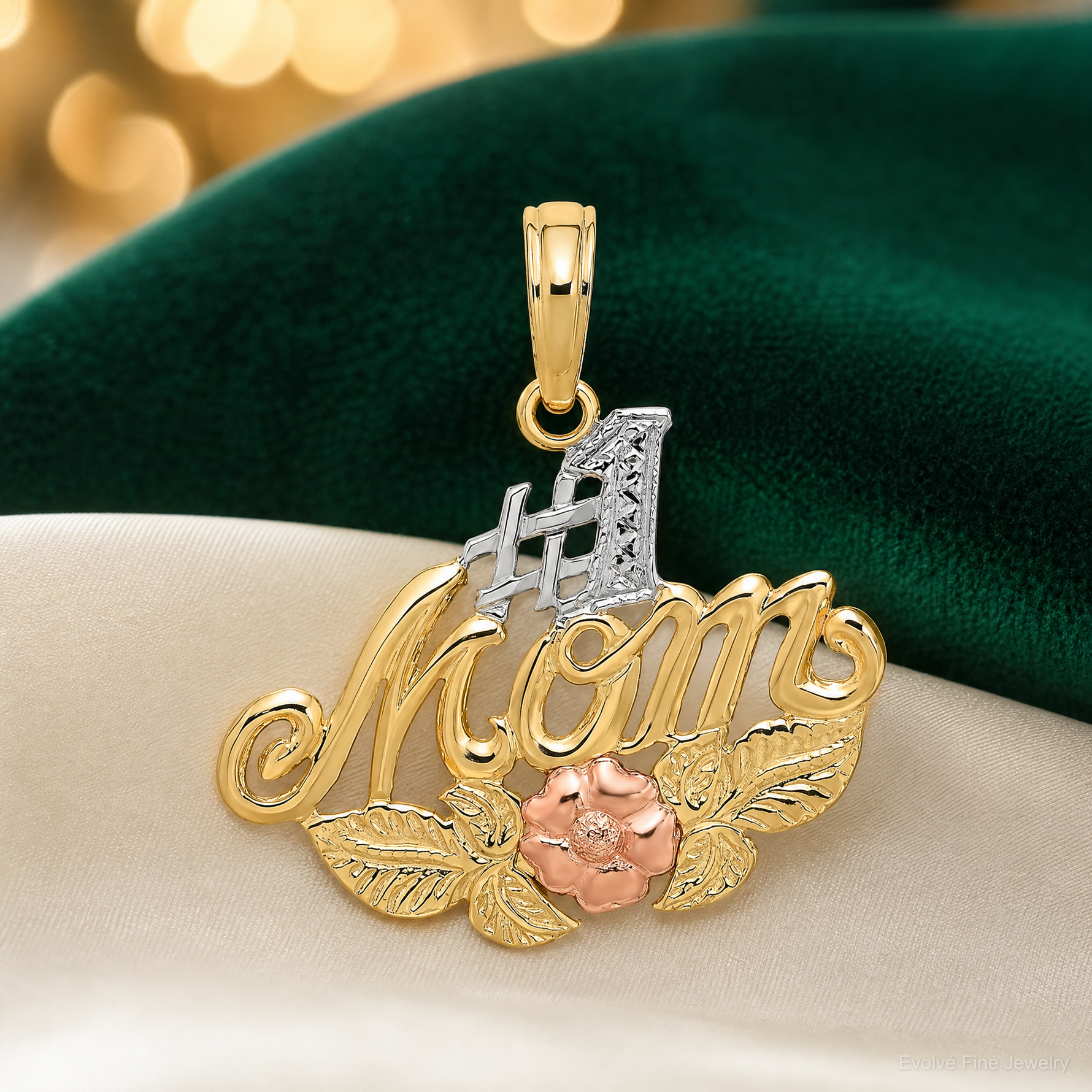 10k Two-tone w/White Rhodium #1 MOM w/ Flower Charm - Lifestyle View