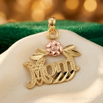 10k Two-Tone Textured Scroll w/ Flower MOM Charm - Lifestyle View
