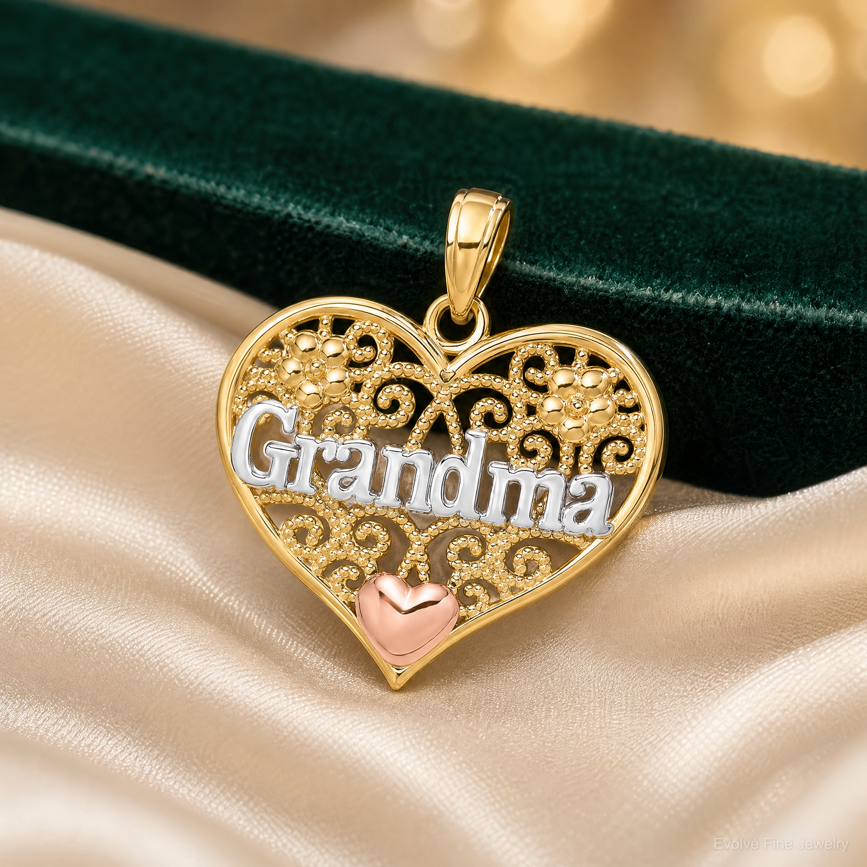 10K Two-tone w/White Rhodium GRANDMA Heart Charm - Lifestyle View