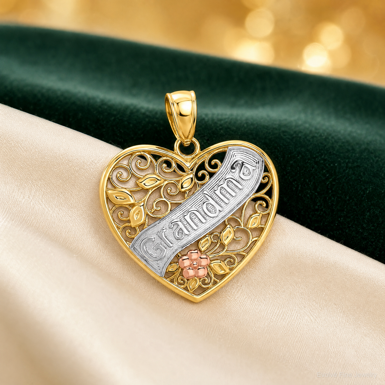 10K Two-tone w/White Rhodium GRANDMA Heart Charm - Lifestyle View