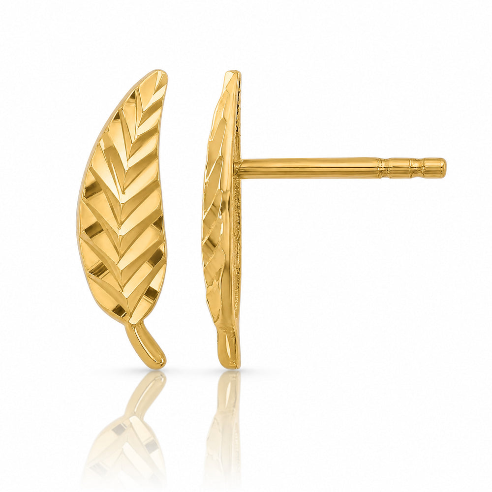 10K Yellow Gold Polished and Diamond-cut Leaf Post Earrings