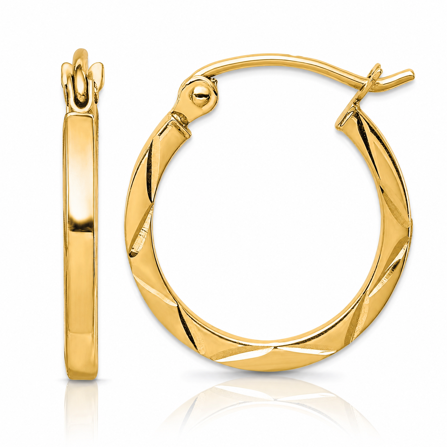 10K 1.5x15mm Diamond Cut Hoop Earrings - Lifestyle View
