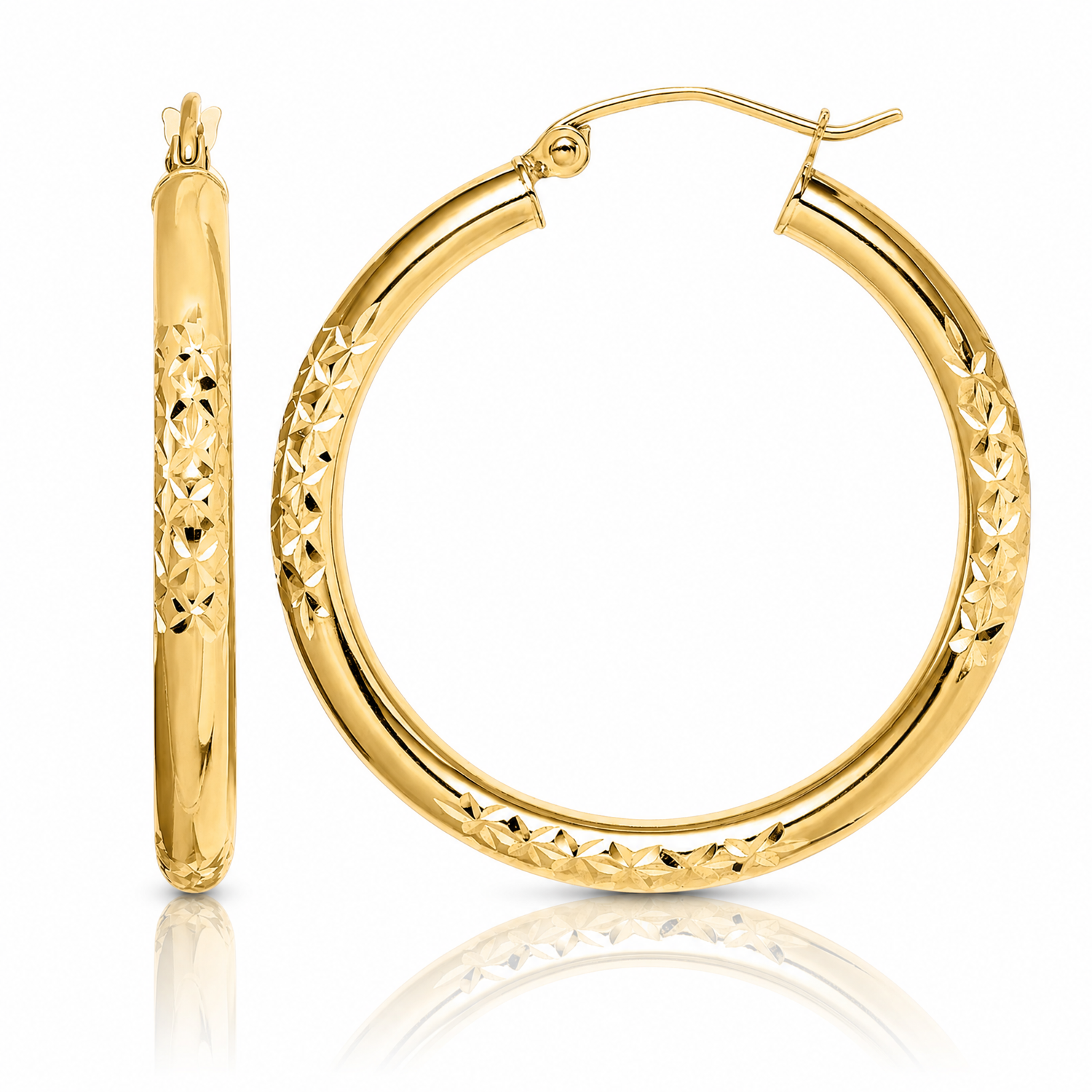10K Diamond Cut 3x30mm Hollow Tube Hoop Earrings - Lifestyle View