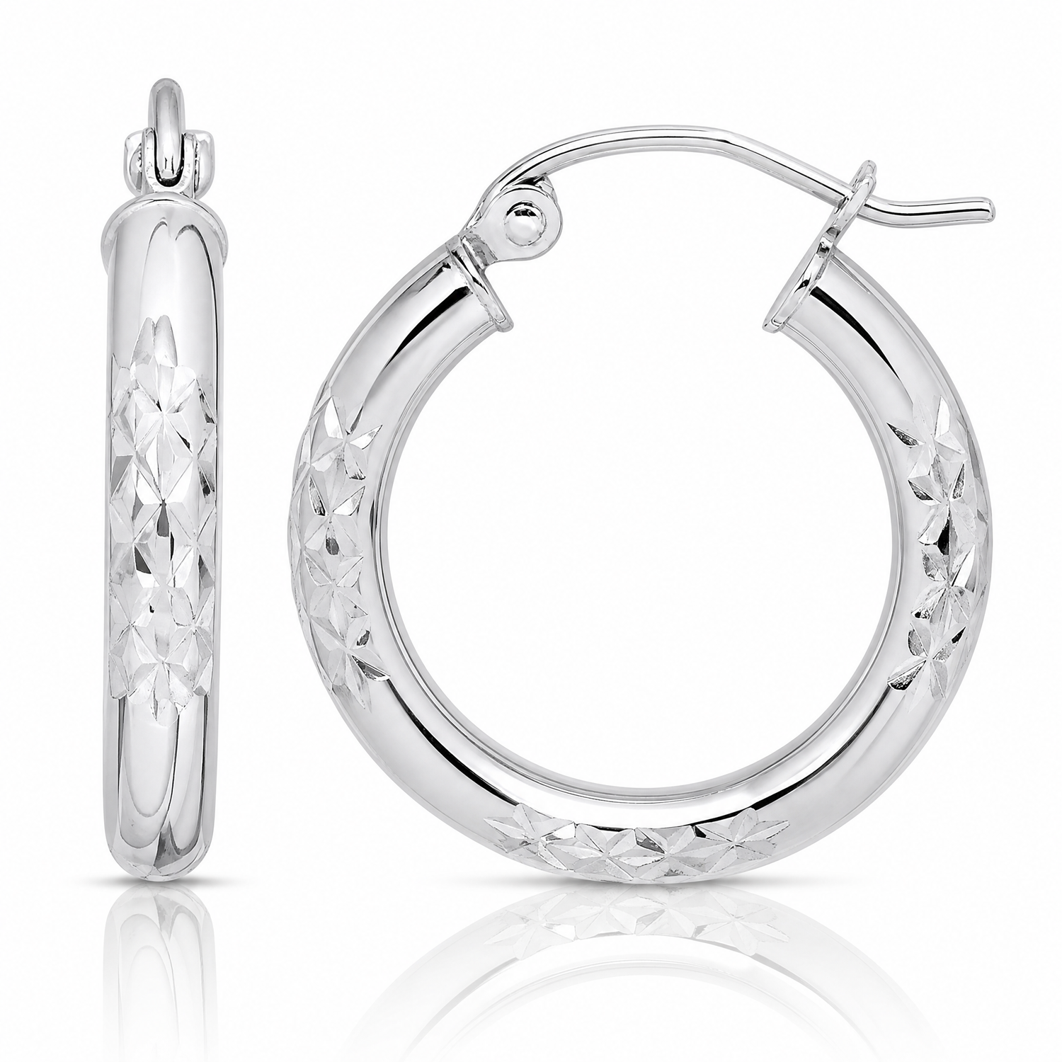10K White Gold Diamond Cut 3mm Hoop Earrings - Lifestyle View