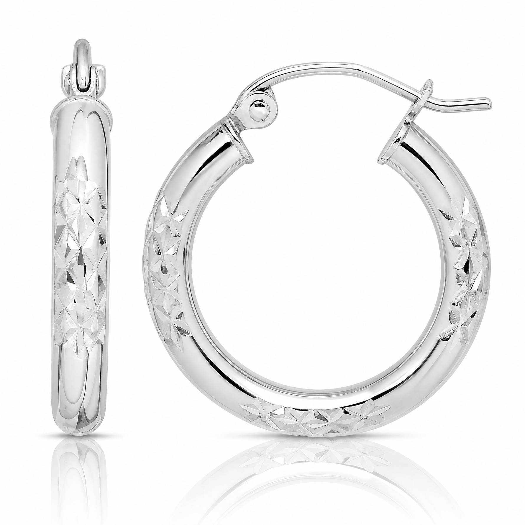 10K White Gold Diamond Cut 3mm Hoop Earrings - Lifestyle View