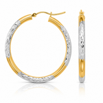 10K & Rhodium Diamond Cut 3mm Hoop Earrings - Lifestyle View