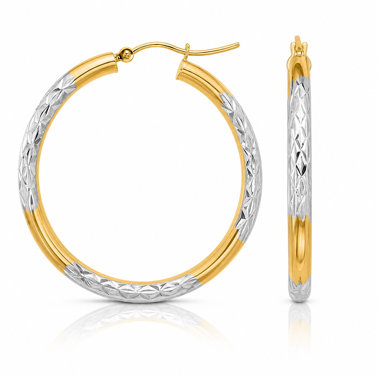 10K & Rhodium Diamond Cut 3mm Hoop Earrings - Lifestyle View