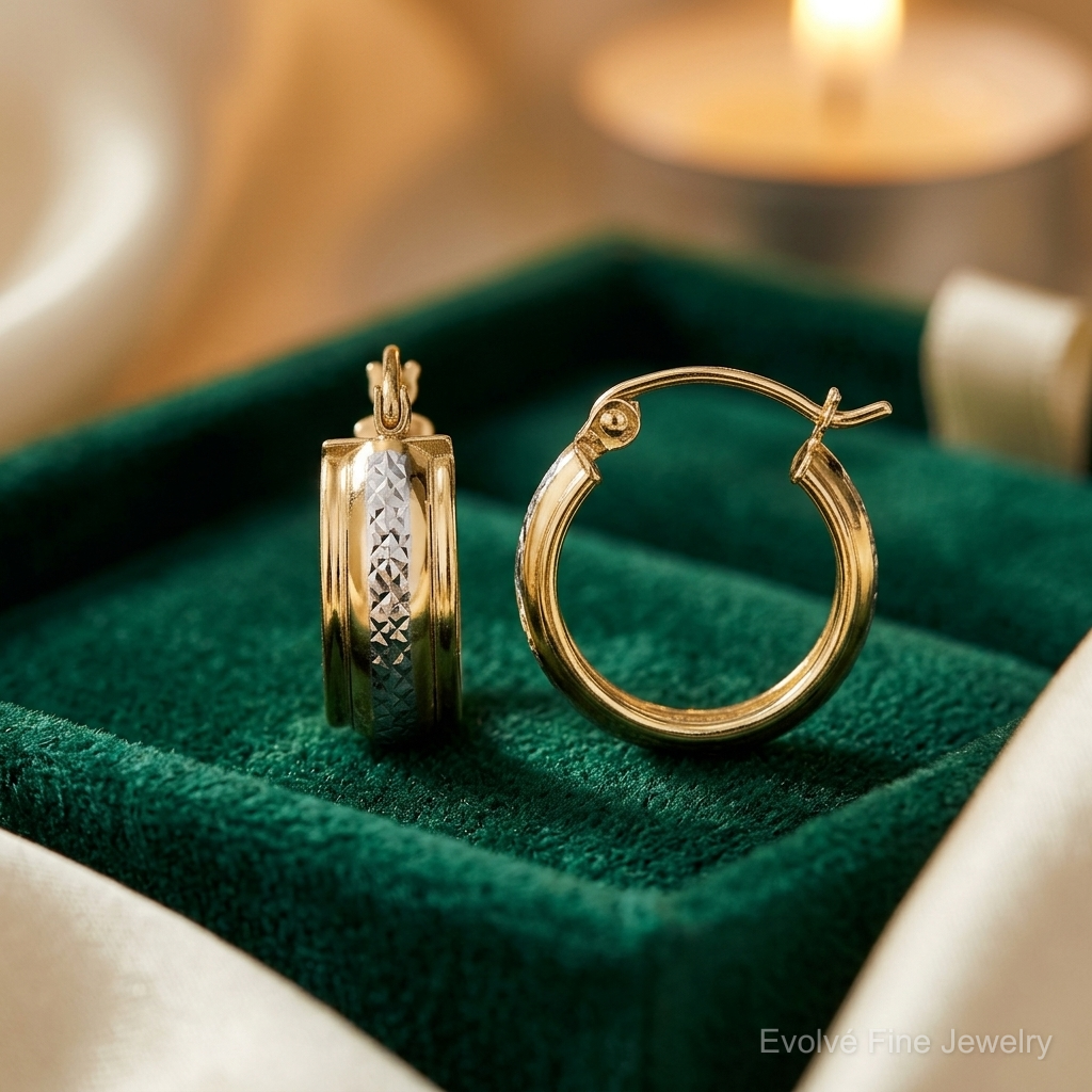 10K & Rhodium Diamond Cut Small Hoop Earrings - Lifestyle View