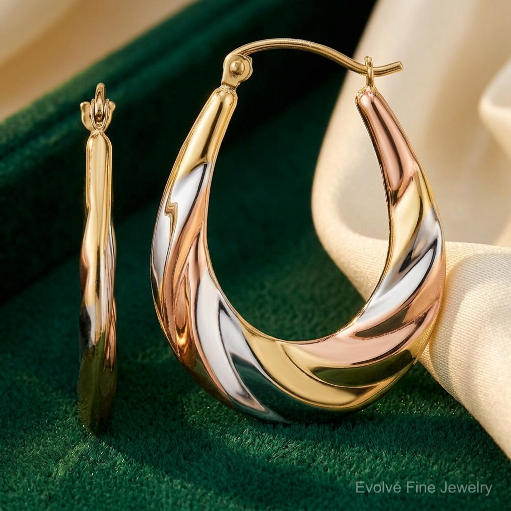 10K and Rhodium Oval Scalloped Hollow Hoop Earrings - Lifestyle View