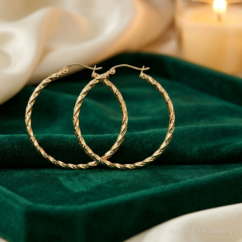 10K Twisted Diamond Cut 35mm Hoop Earrings - Lifestyle View