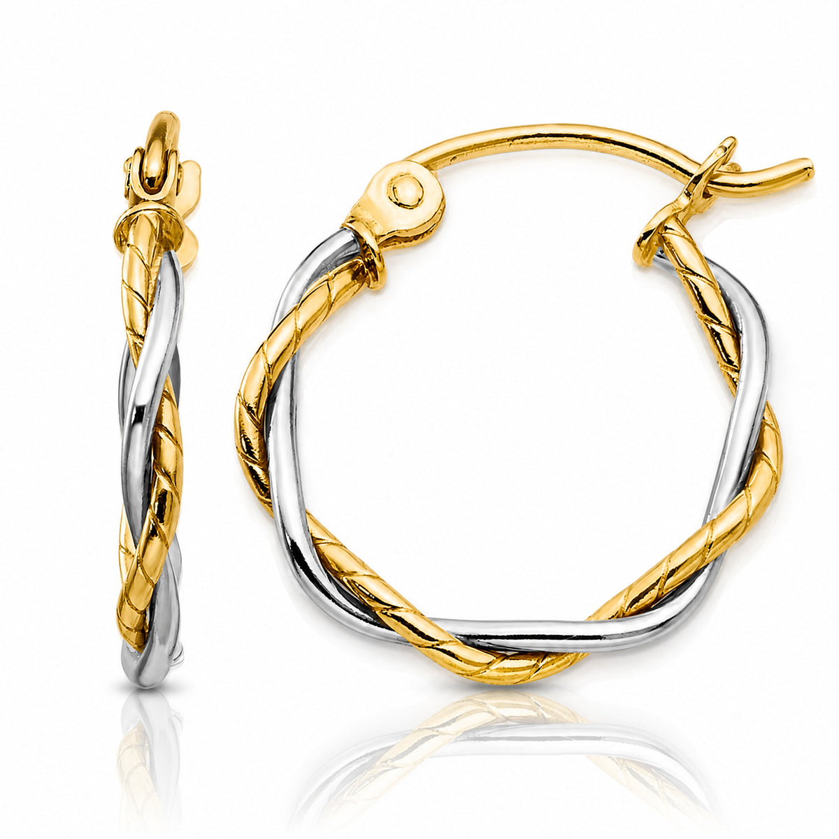 10k Two-tone Polished 1.8mm Twisted Hoop Earrings - Lifestyle View