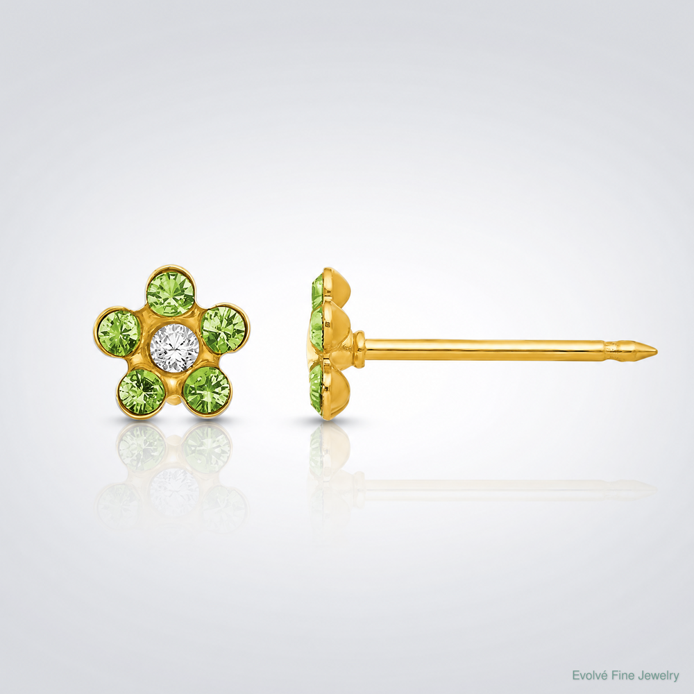 14K Yellow Gold August Lt Green Crystal Birthstone Flower Earrings