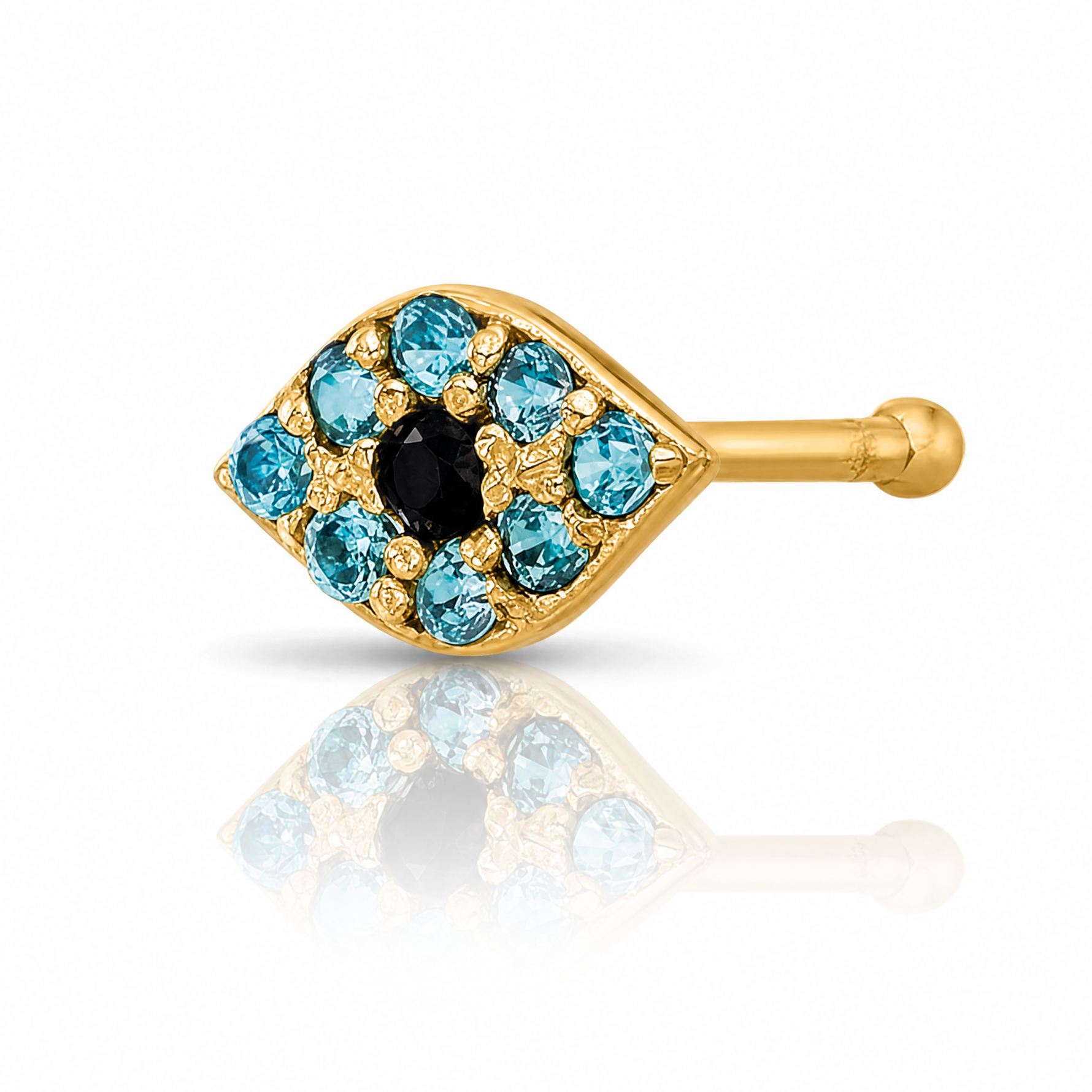 14K 20 Gauge Polished Blue CZ Evil Eye Nose Stud - Lifestyle View