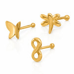14K 22 Gauge Polished Infinity Symbol, Dragonfly and Butterfly Nose Stud - Lifestyle View