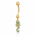 14K 14 Gauge Polished Blue CZ Seahorse Dangle Navel/Belly Ring - Lifestyle View