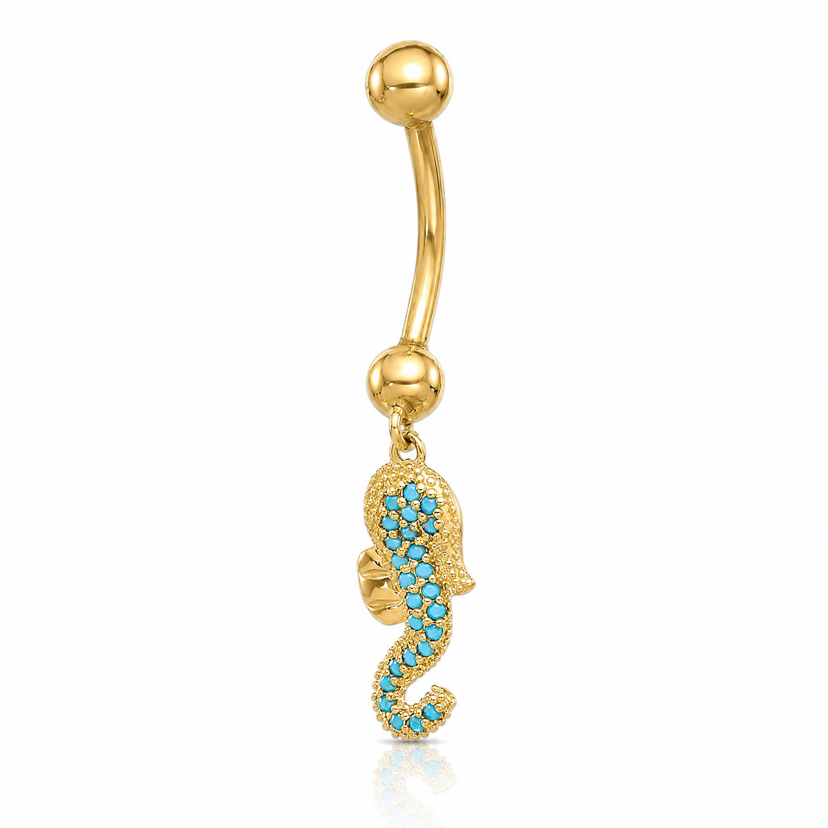 14K 14 Gauge Polished Blue CZ Seahorse Dangle Navel/Belly Ring - Lifestyle View