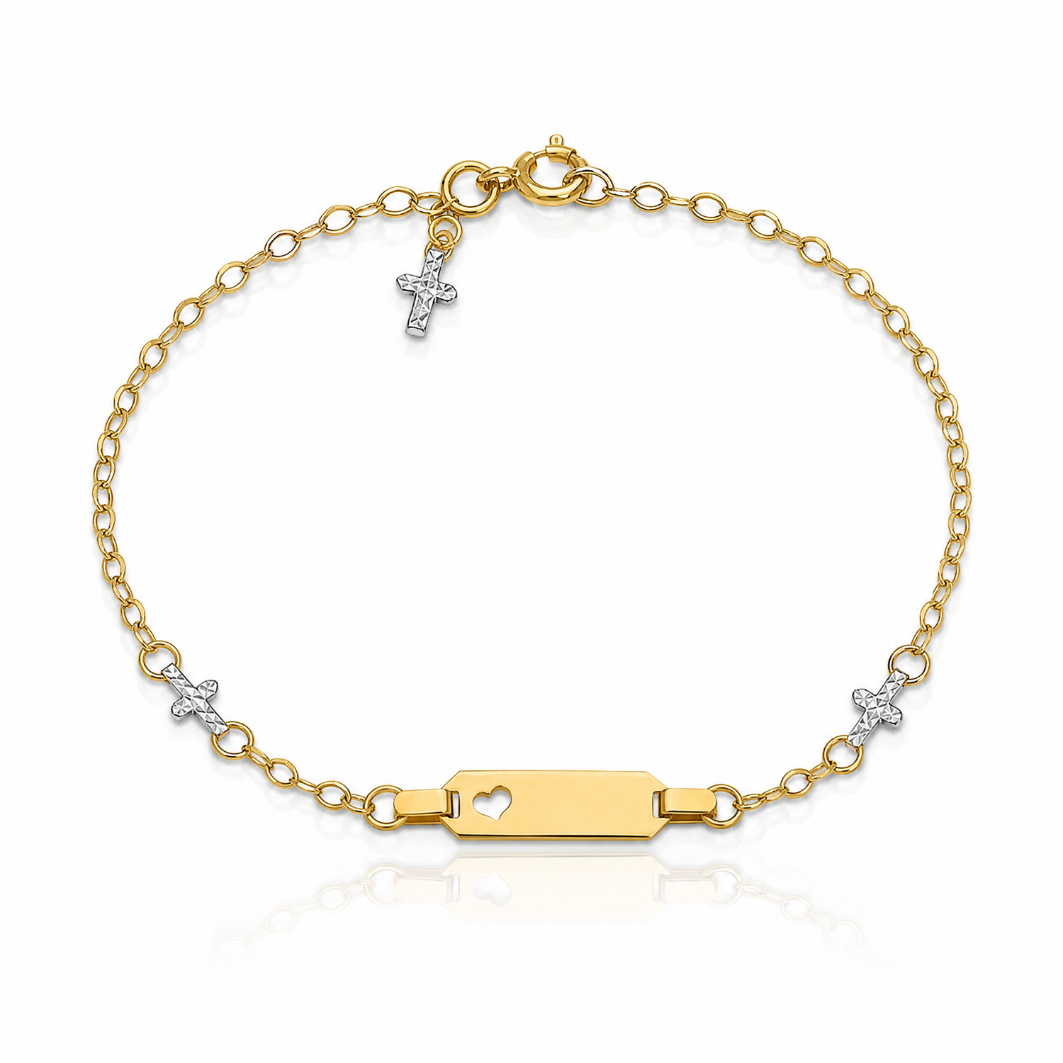 14K Two-tone Baby Polished and Textured Cross w/1in ext. ID Bracelet - Lifestyle View