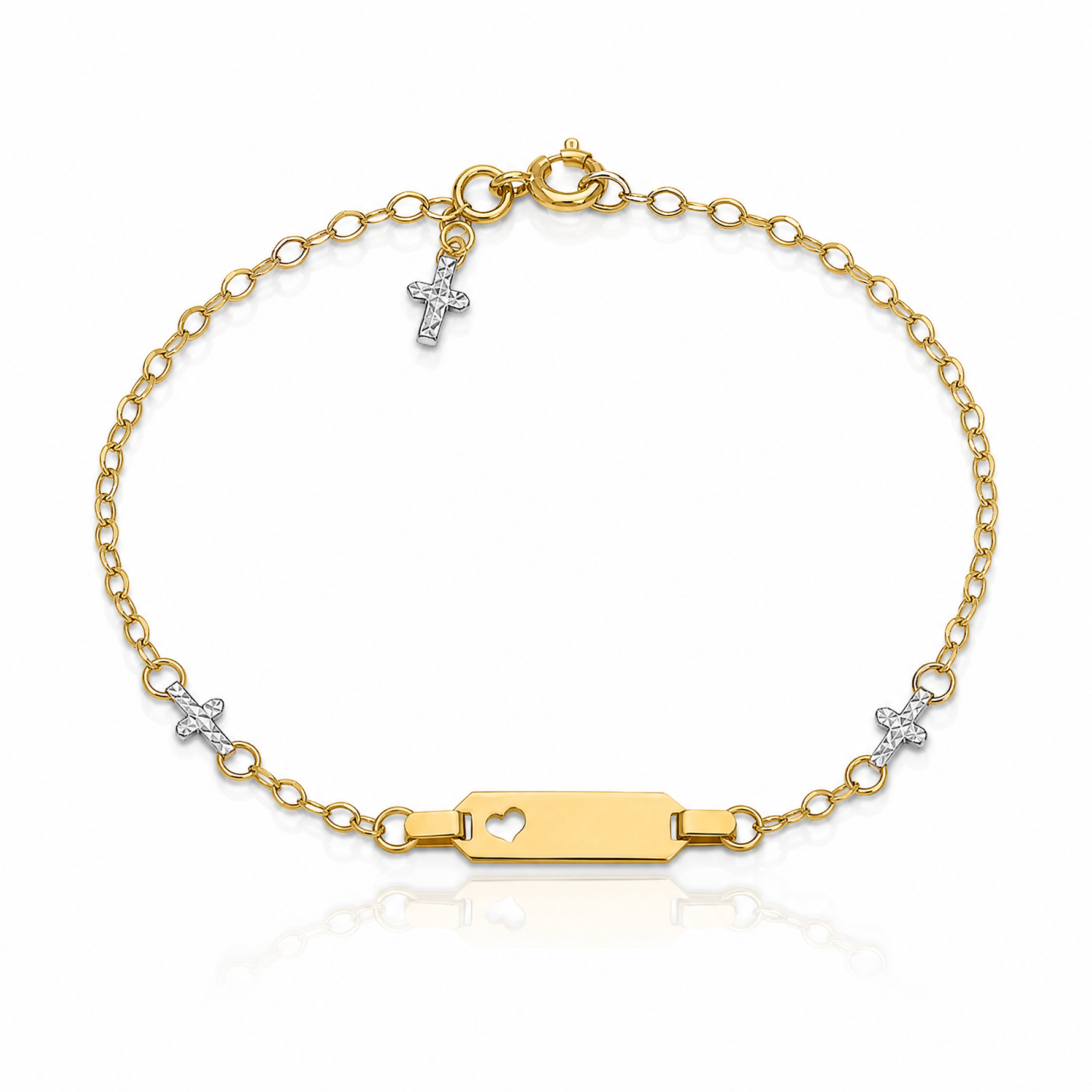 14K Two-tone Baby Polished and Textured Cross w/1in ext. ID Bracelet - Lifestyle View