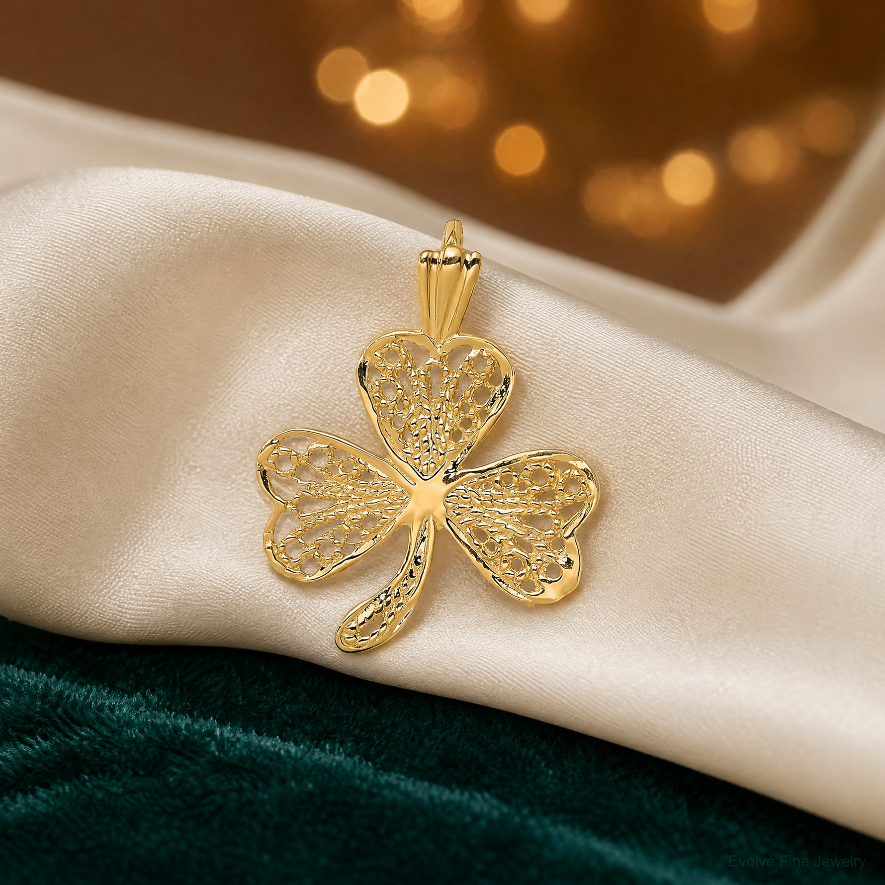 14k Filigree Shamrock Charm - Lifestyle View