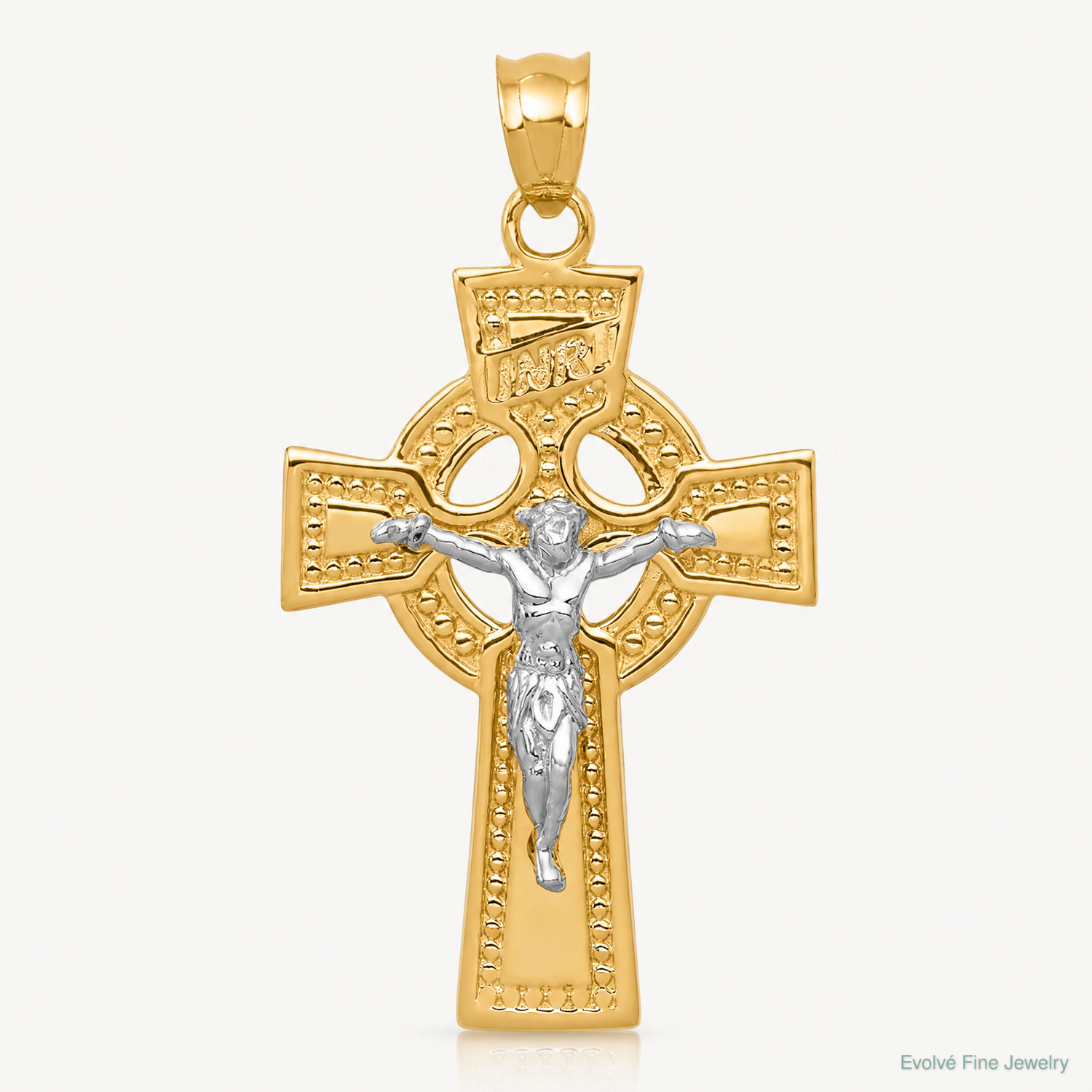 14k Two-tone INRI Celtic Crucifix Pendant - Lifestyle View