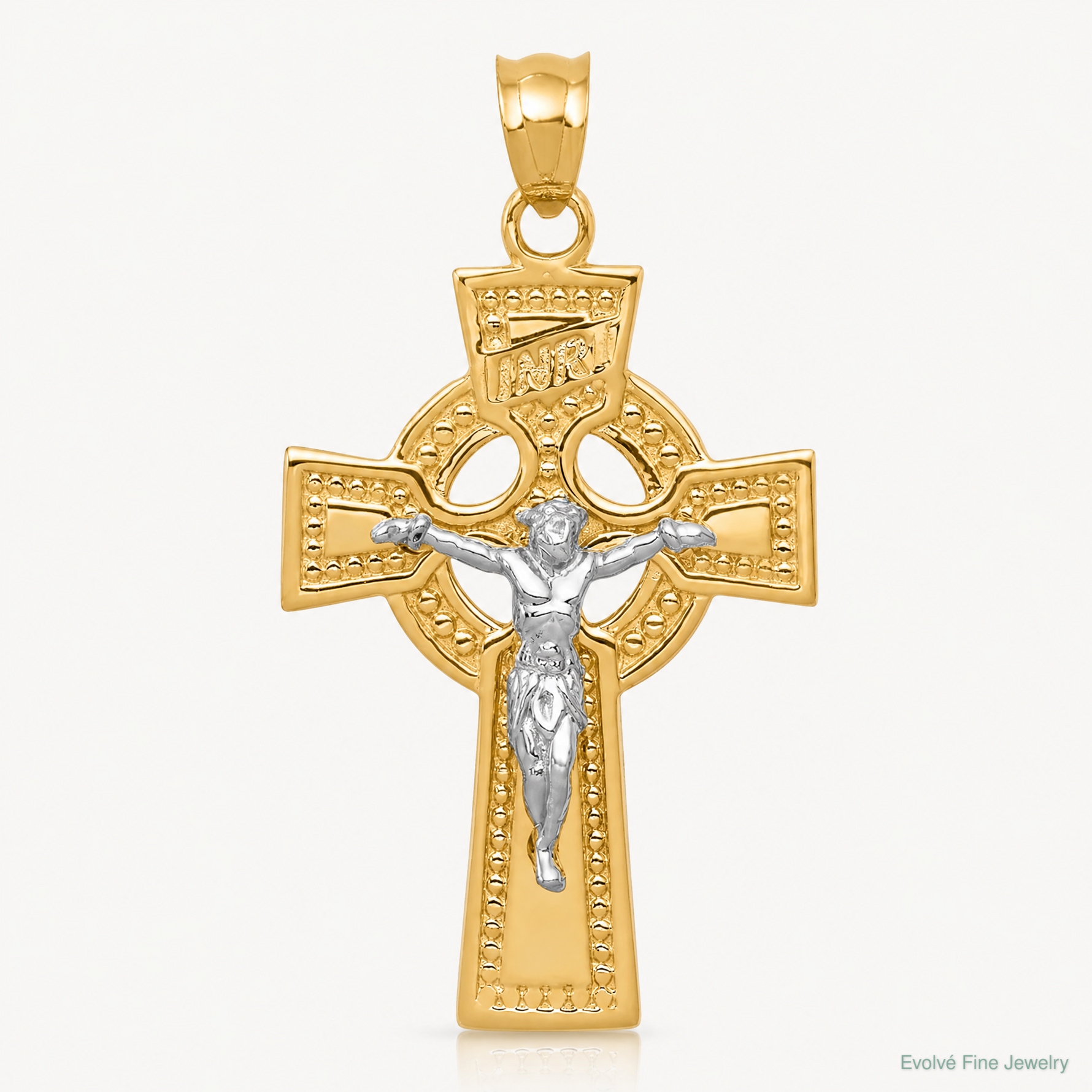 14k Two-tone INRI Celtic Crucifix Pendant - Lifestyle View