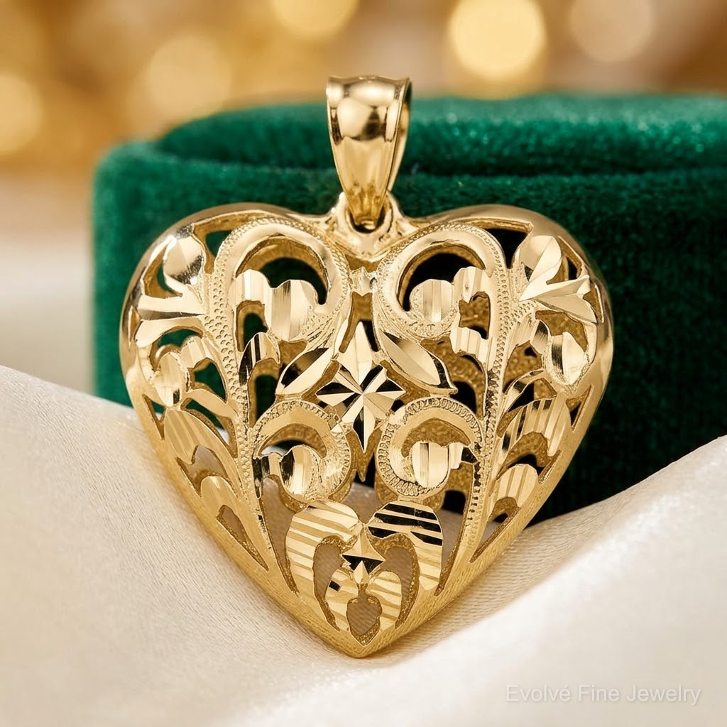 14K Polished Diamond-cut Filigree 3-D Heart Pendant - Lifestyle View