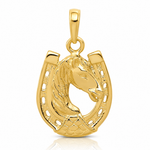 14k Solid Polished Horse Head in Horseshoe Pendant - Lifestyle View