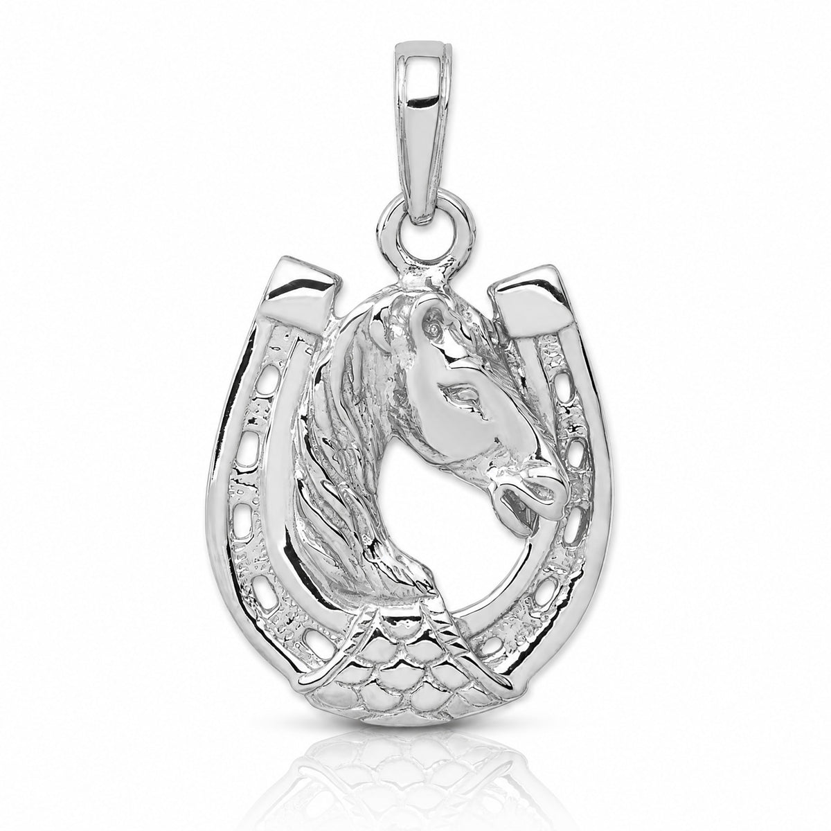 14k White Gold Solid Polished Horse Head in Horseshoe Pendant - Lifestyle View