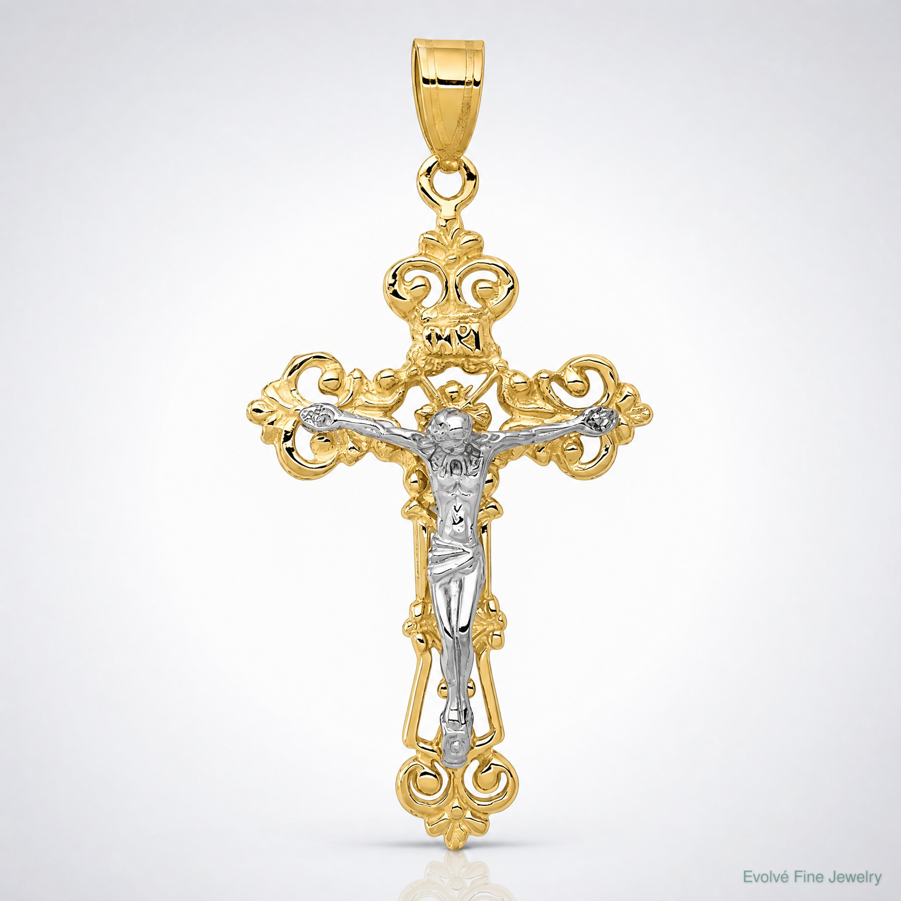 14k Two-tone INRI Fleur De Lis Crucifix Pendant - Lifestyle View