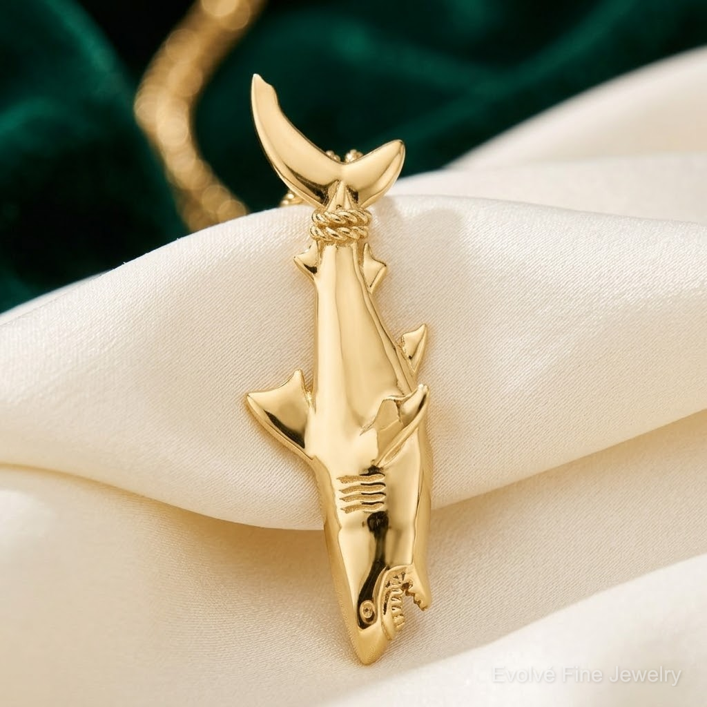 14K Hollow Polished 3-D Hanging Shark Pendant - Lifestyle View