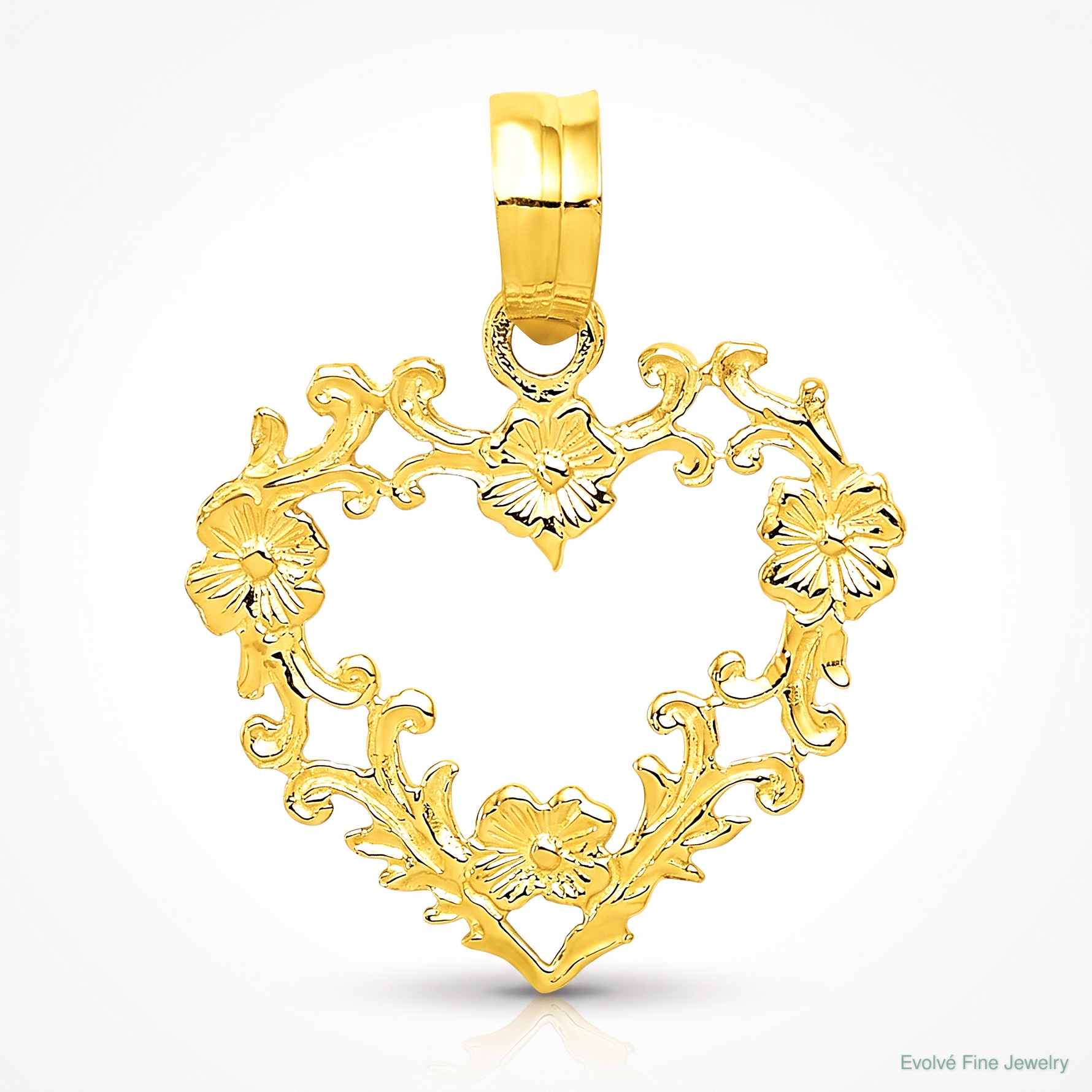 14K Polished Floral Border Heart Pendant - Lifestyle View