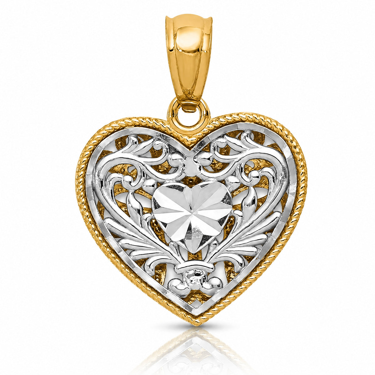14K Two-tone Polished Diamond-cut Reversible Heart Pendant - Lifestyle View