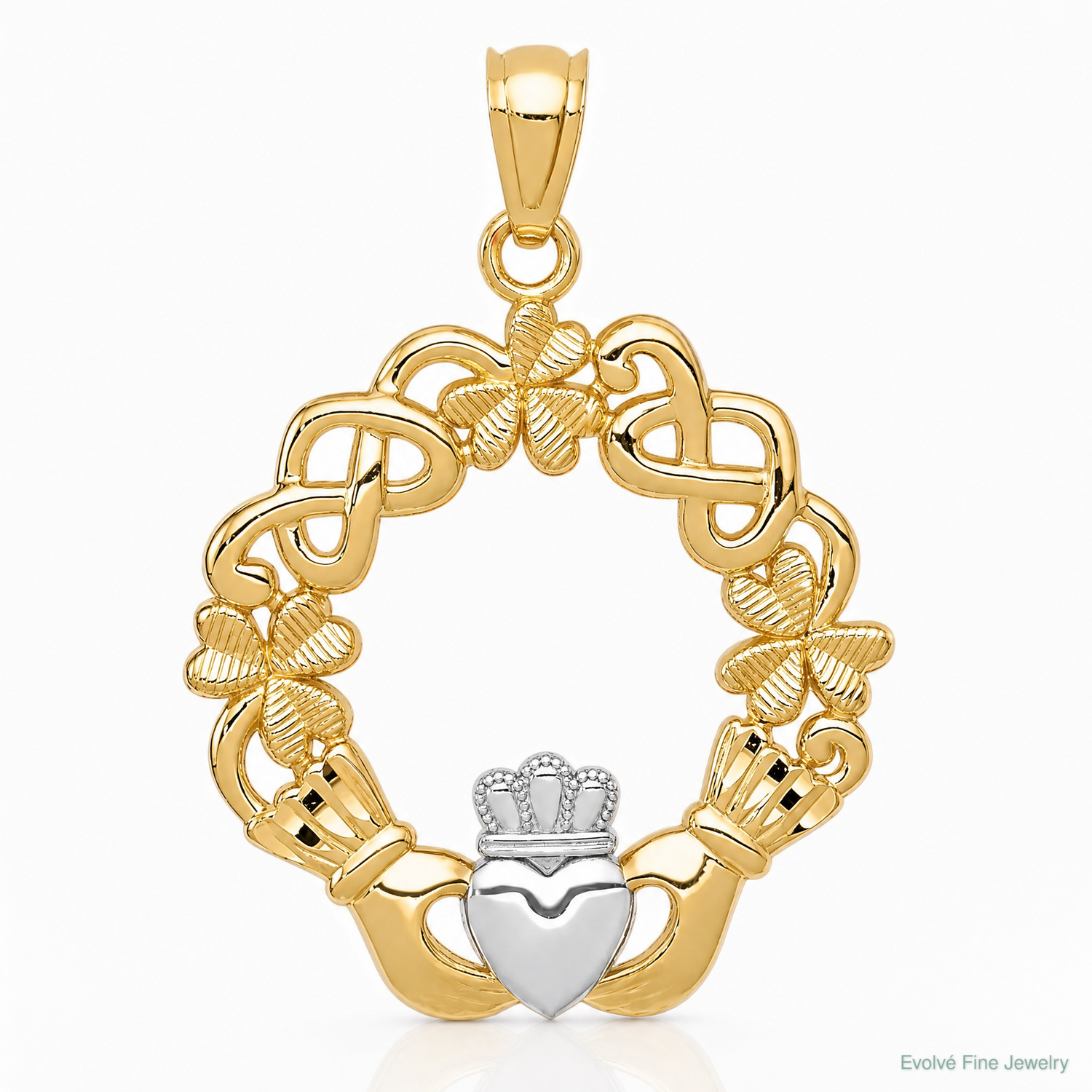 14k Rhodium Claddagh Pendant - Lifestyle View