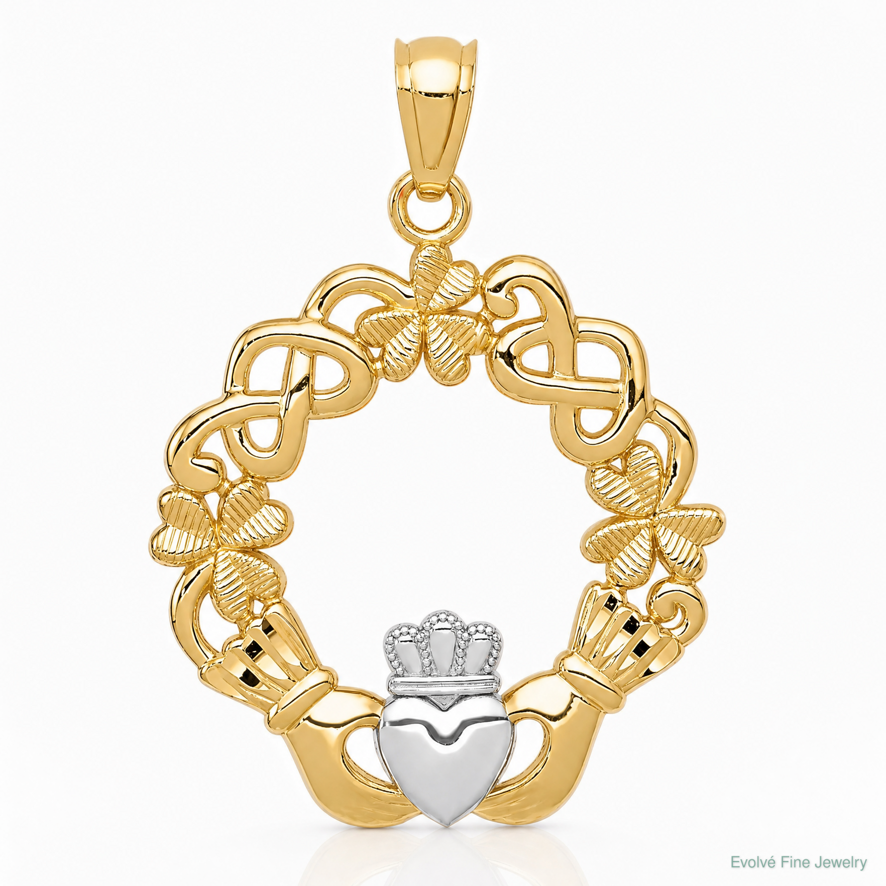 14k Rhodium Claddagh Pendant - Lifestyle View